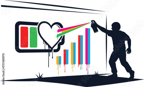 Artist spraying colorful paint on battery heart and bar graph symbolizing creative energy and growth