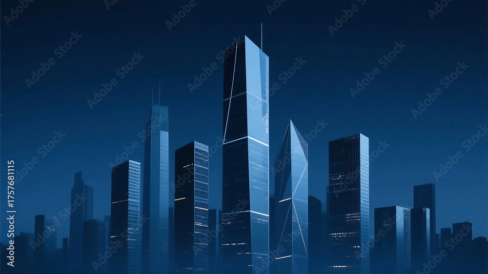 Fototapeta premium A modern city skyline featuring tall skyscrapers illuminated at night, showcasing urban architecture.