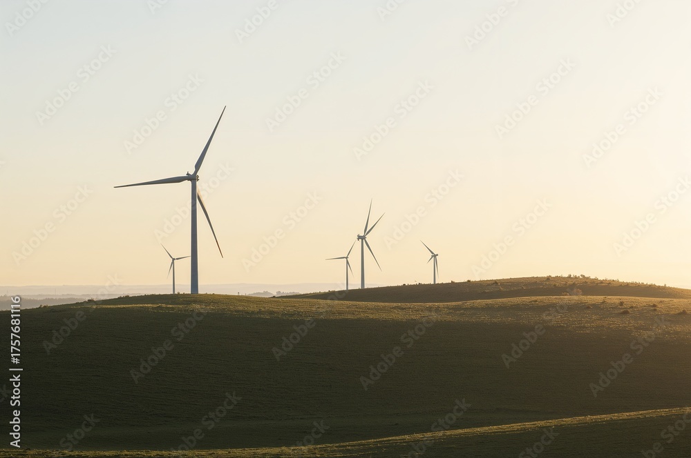 Obraz premium Wind turbines generate clean energy on rolling hills at sunset, showcasing sustainable future power with soft lighting and green landscape for environmental projects