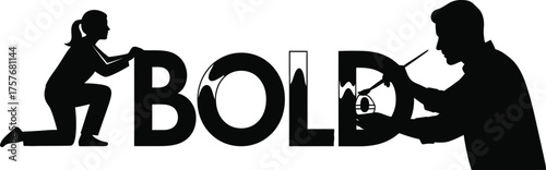 Creative professionals collaborate and craft the word bold with artistic tools and dedication