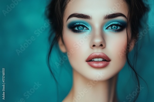 Glamorous Beauty Portrait with Turquoise Eyeshadow Makeup on Teal Background. Transformative Teal Color.