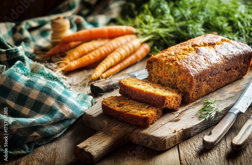 Freshly Baked Carrot Bread With Sliced Portions and Vibrant Carrots on a Rust...