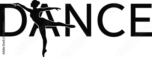 Elegant silhouette of a ballerina dancing gracefully within the word dance
