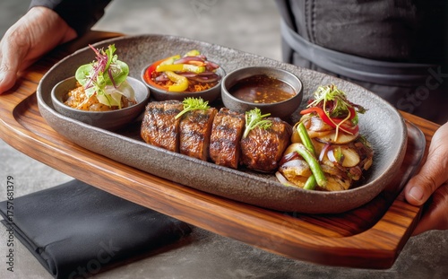 Delicious Grilled Meat Platter Served With Fresh Vegetables and Dipping Sauce