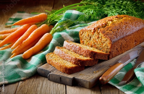 Freshly Baked Carrot Bread With Sliced Portions and Vibrant Carrots on a Rust...