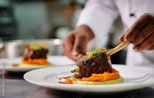 Chef Preparing Gourmet Dish With Meat and Colorful Puree in Bustling Kitchen ...