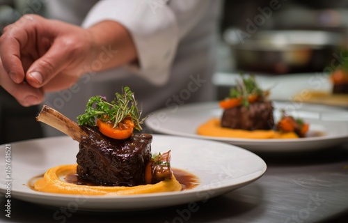 Chef Preparing Flavorful Lamb Dish With Creamy Puree in a Bustling Restaurant...