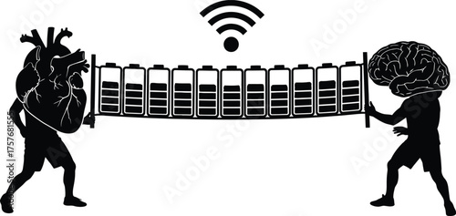 Human heart and brain connected by a charging battery system with wireless signal above on white background