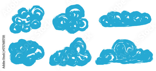Set of decorative doodle blue clouds. Vector graphics.