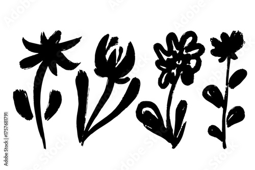 A set of abstract, decorative botanical elements and flowers. Vector graphics.