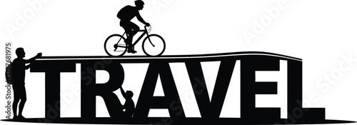 Silhouette of a cyclist riding on the word travel with a hiker pointing the way