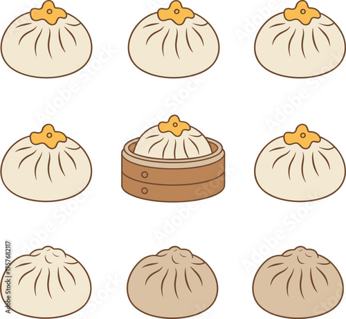 Cartoon dumplings, steamer basket, Asian food, cute illustration, dim sum, Chinese cuisine, garnish, cooking, snack, traditional dish