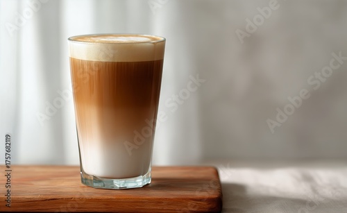 Coffee Drink Served in Glass on Wooden Board With Cozy Background