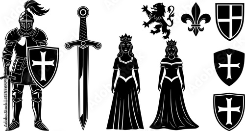 Medieval icons: knight, sword, lady, and heraldic symbols collection in black silhouette style