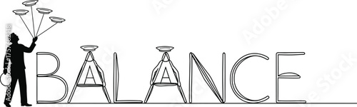 Silhouette of a person balancing multiple plates on sticks above the word balance