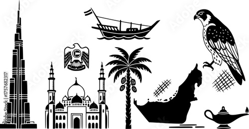 Hand drawn united arab emirates symbols and landmarks in black and white