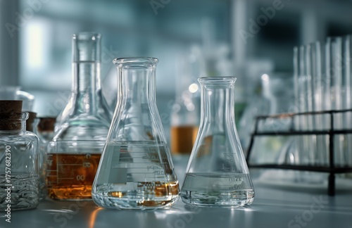 Laboratory Glassware Arranged on a Workspace During a Scientific Experiment i...