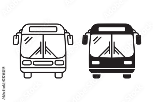 front facing bus silhouettes outline and solid black scalable vector icon set for public transit