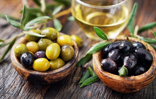 Olives in Wooden Bowls With Olive Oil and Fresh Leaves on a Rustic Wooden Sur...