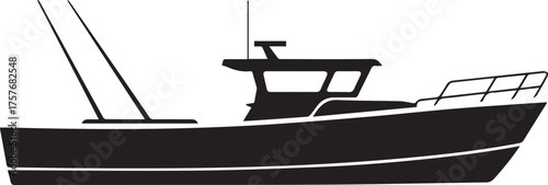 fishing boat silhouette with cabin and outriggers nautical vessel icon for marine and fishing design