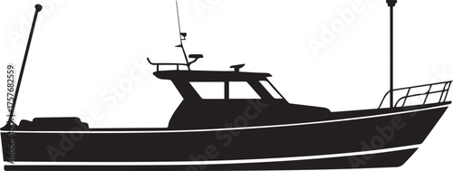 black silhouette fishing vessel with outriggers cabin and radar simple vector for nautical projects