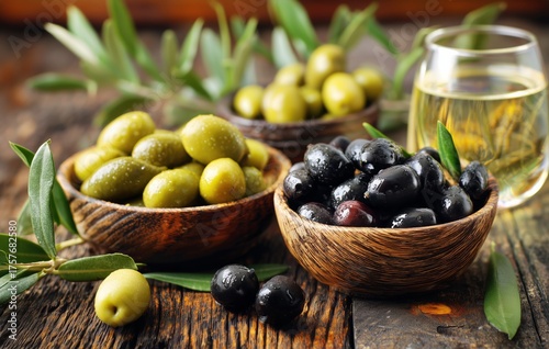 Delicious Olives and Olive Oil in Wooden Bowls on a Rustic Table