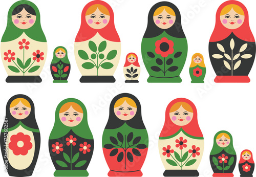Matryoshka doll collection, traditional Russian nesting dolls, folk art design, cultural heritage, floral patterns, handcrafted wooden figurines