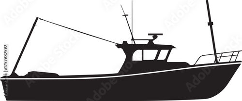 sleek fishing boat silhouette vector with cabin windows outriggers and clean hull line for marine use