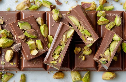 Delicious Chocolate Bars With Pistachio Pieces on a Light Background