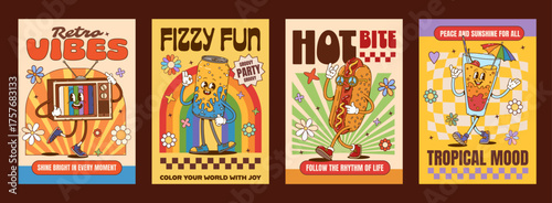 Retro groovy hippie characters vintage posters. Vintage television, soda can, hot dog snack, cocktail glass with umbrella funky cartoon characters and motivational texts with vintage 60s and 70s vibes