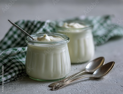 Creamy Dessert in Glass Jars on a Checkered Napkin With Silver Spoons Nearby