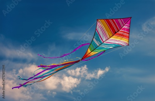 Colorful Kite Soaring High in a Bright Blue Sky During a Sunny Afternoon