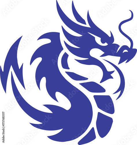 bold blue dragon logo vector stylized oriental crest with horns scales and flame for branding