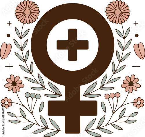 Vector art of feminist symbol with flowers, vector illustration