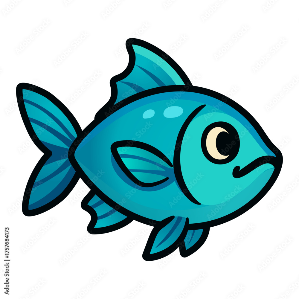 Obraz premium Cartoon Blue Fish Icon, Cute Ocean Animal Vector Illustration