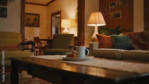 A warmly lit living room featuring cozy furniture, lamps, and decorative elements creating a relaxing atmosphere.