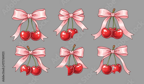 Six charming illustrations of ripe red cherries tied with delicate pink satin bows on a neutral gray background