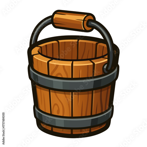 Cartoon Wooden Bucket Icon, Classic Brown Barrel with Metal Handle, Vector Illustration
