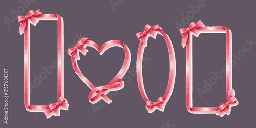 Four decorative pink ribbon frames in various shapes including heart oval and rectangle with bows against a dark background