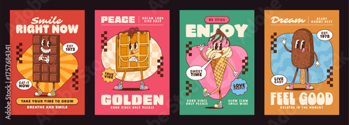 Sweet and dessert groovy characters posters with retro desserts as chocolate bar, waffle, ice cream cone, popsicle paired with motivational phrases and positive affirmations promoting joy and selflove