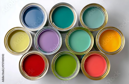 Colorful Paint Cans Arranged in a Creative Pattern on a Light Background
