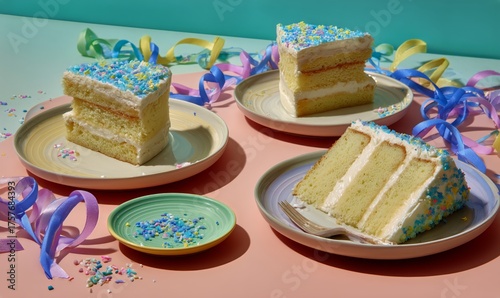 Colorful Layer Cake Slices With Sprinkles on Plates in a Festive Setting