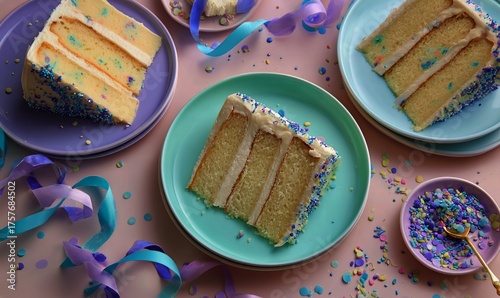 Colorful Cake Slices on Plates With Sprinkles and Ribbons for a Festive Celeb...
