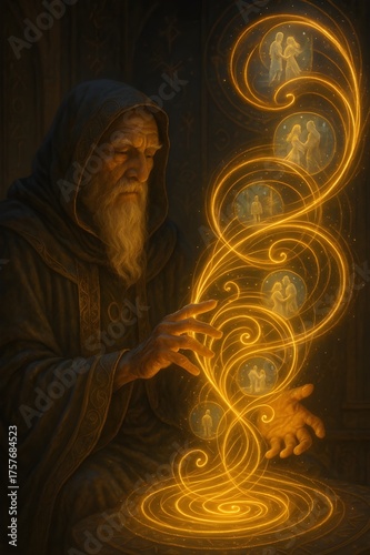 Elder figure weaving glowing golden threads of time from fingertips