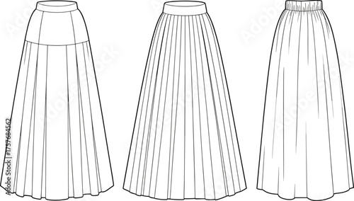 CAD fashion illustration of three long skirts with pleats and gathers, flat vector design for clothing and apparel templates