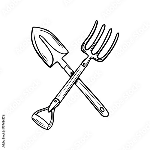 A set of gardening tools including a spade, a fork, and a trowel arranged in a crossed position. The tools are outlined in a simple, black line drawing style.