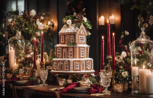 Elegant Holiday Table Setting With Gingerbread House and Festive Desserts in ...