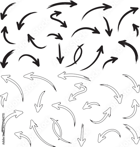 Collection of hand drawn sketchy arrows and curved directional pointers in black ink on white background