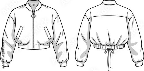 CAD drawing flat vector illustration of women's bomber jacket with zipper front, elastic hem, drawstring back, and ribbed cuffs