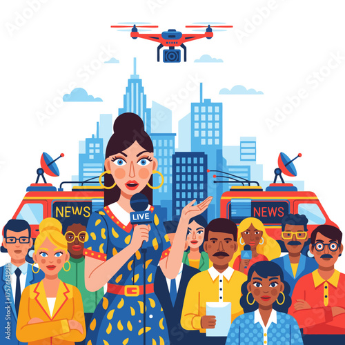 Dynamic news crew reporting live with drone technology in vibrant city setting, engaging diverse audience with up-to-the-minute updates and professional insight